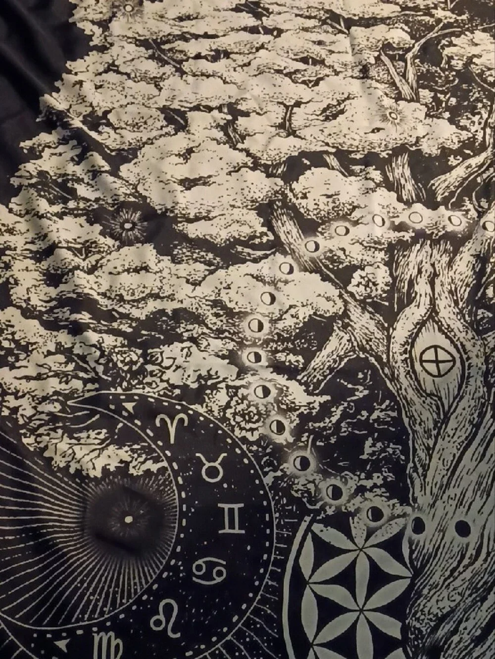 Black & White Tree of Life Shower Curtain with Zodiac Motifs